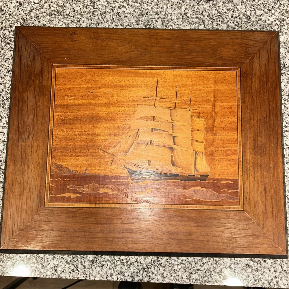 Vintage Marquetry Wooden Inlaid Sailing Ship 15 X 12.5 inches by M Pierson
